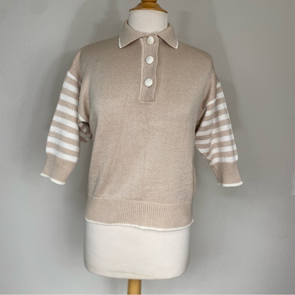 Vintage Sweaters - Vintage FIA Italia Handloom Women's Tan White Stripe Knit Sweater Size Medium